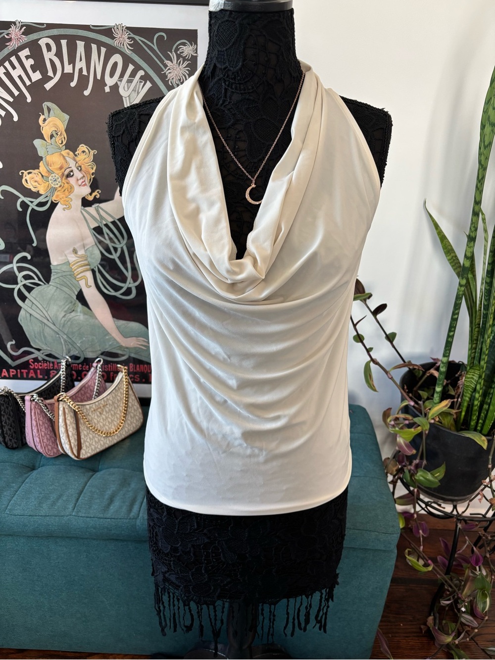 Express Cream Draped Cowl Neck Halter Camisole